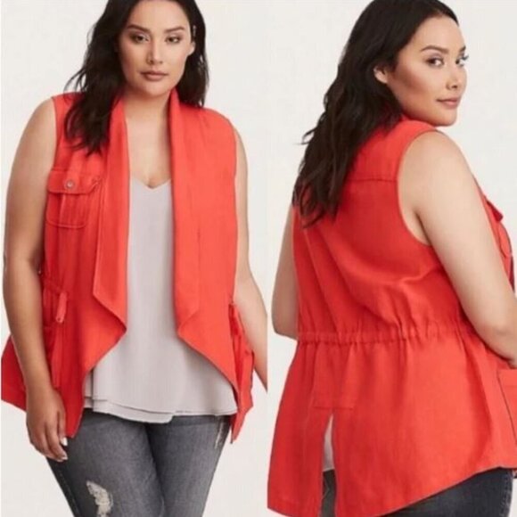 Torrid Linen Blend Coral Wash Utility Cargo Drape Front Sleeveless Vest - Size 3 - Picture 1 of 9